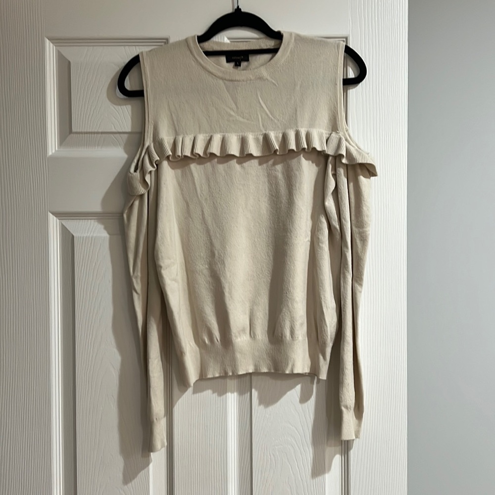 Beige Cold Shoulder Long a sleeve Top w/ Ruffled Wrap